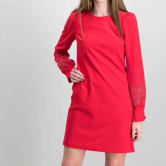 Calvin Klein Embellished puff sleeve red dress sz 12 new with tags - Picture 1 of 11